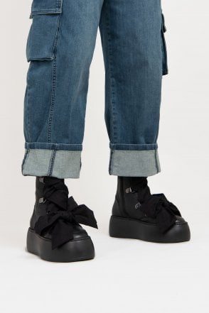 Black Leather Ribbon Boots 