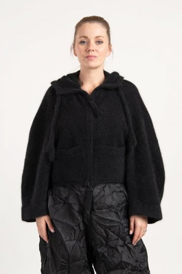 Black Raccoon Hooded Knitted Cardigan
