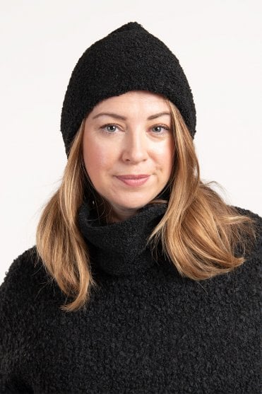 Black Boucle Knitted Beanie Hat