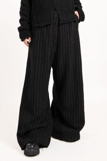 Black Stripe Wide-Leg Wool Trousers 